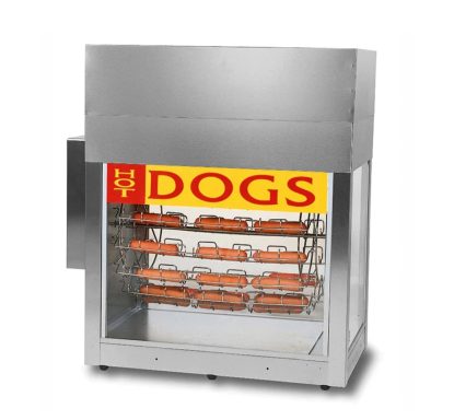Rookoven voor hotdogs met metalen afwerking en een groot logo met "DOGS".