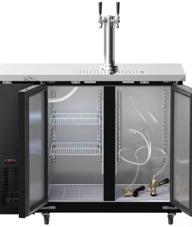 Zwarte biertap met open deuren en koelruimte aan de binnenkant.
